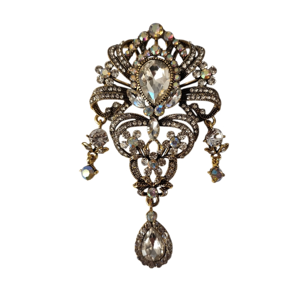 Aurora Borealis Rhinestone Crystal Brooch Pendant Gold Tone Accents